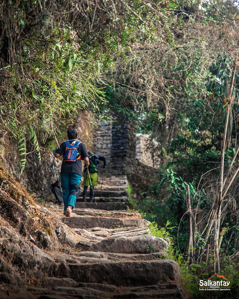 Tourists hiking on ancient stone stairs on the Inca Trail