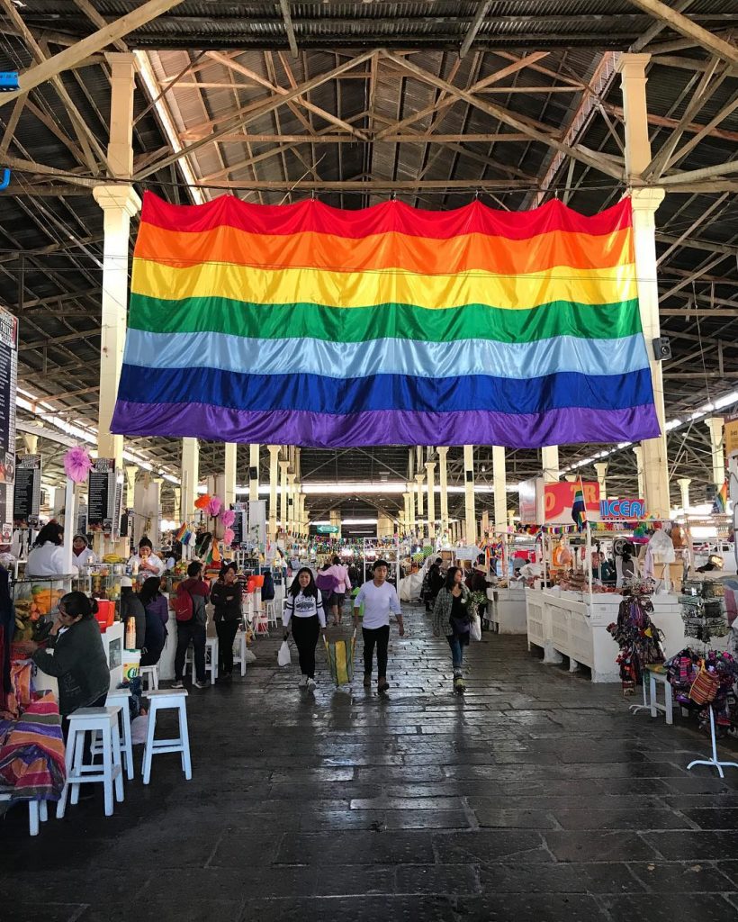 A giant Cusquenian flag on the San Pedro traditional market