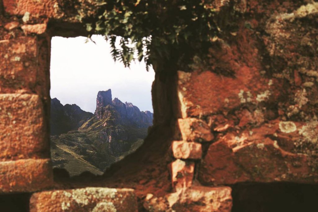 Mountain through a window in Huchuy Qosqo