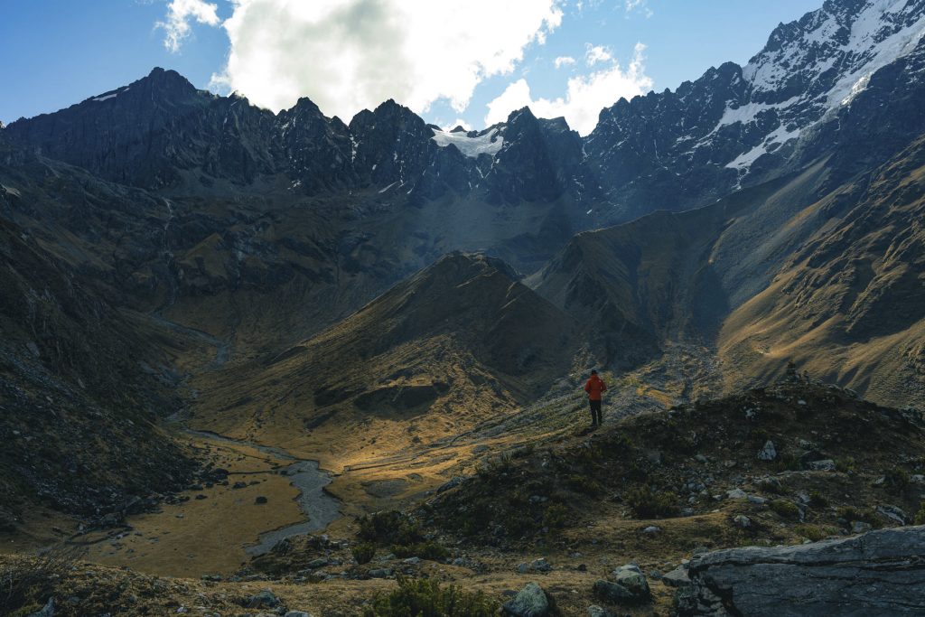 A tourist hiking in the mountains