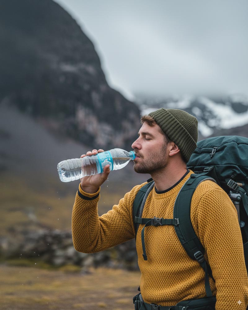 Tourist drinking water in the Andes mountains