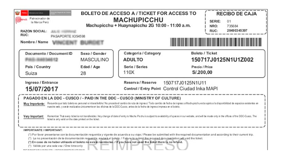 Ticket for the Machu Picchu