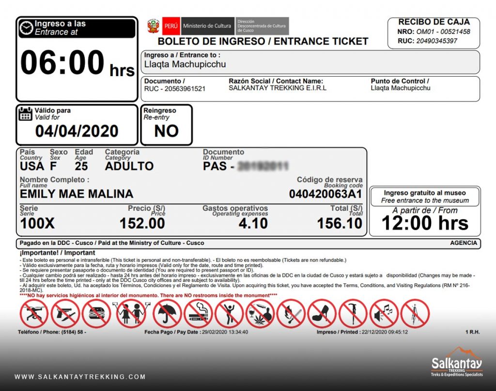 Machu Picchu Entrance Ticket