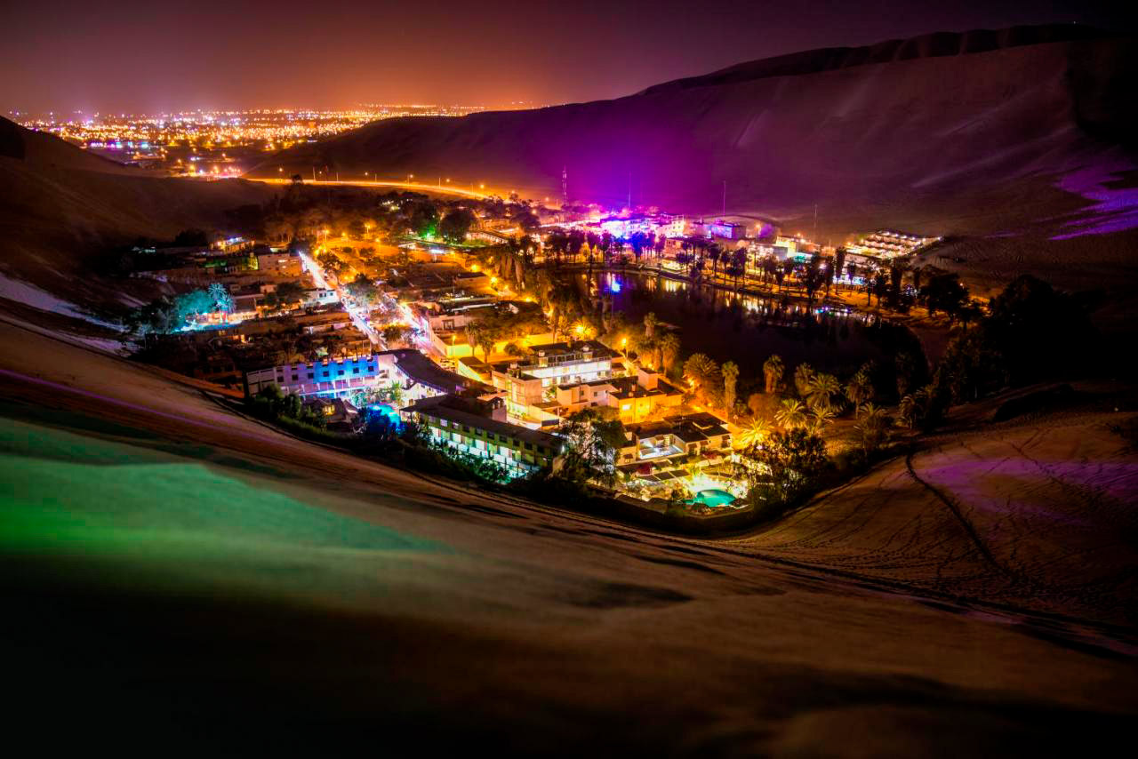 Huacachina at night beautiful oasis in Peru