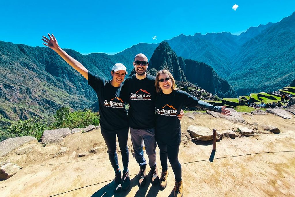 Three happy people with Salkantay Trekking Cusco-Peru south america beautiful destinations