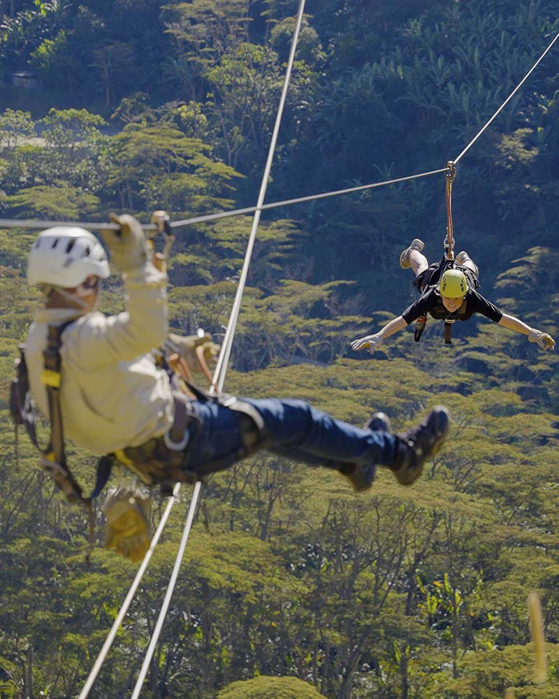 Tourists zip-lining on the Inca Jungle Trek