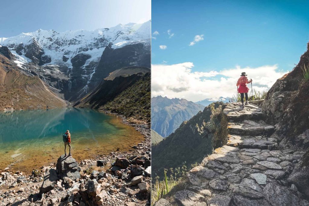 Split image of hiking at Humantay Lake and trekking the Inca Trail