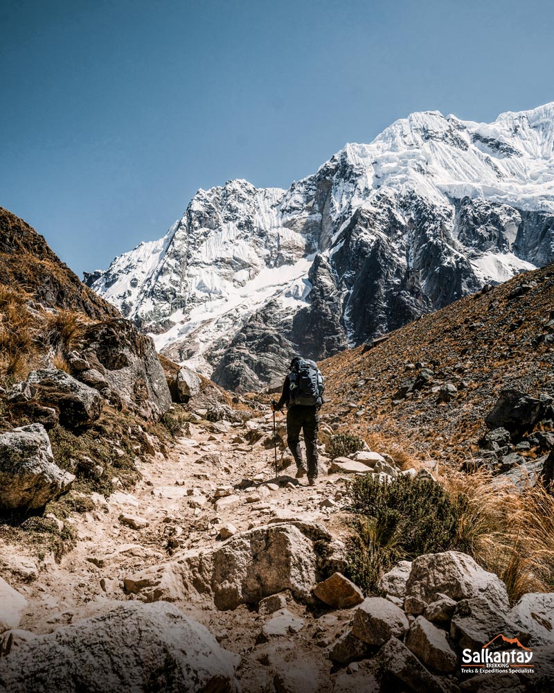 Tourists walking to the Salkantay pass next to the immense Salkantay mountain. 