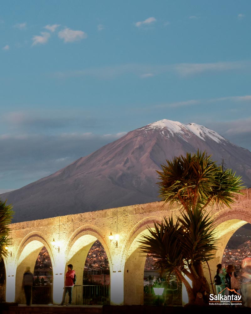 Panoramic view of Arequipa the white city with the Misti volcano in the background.