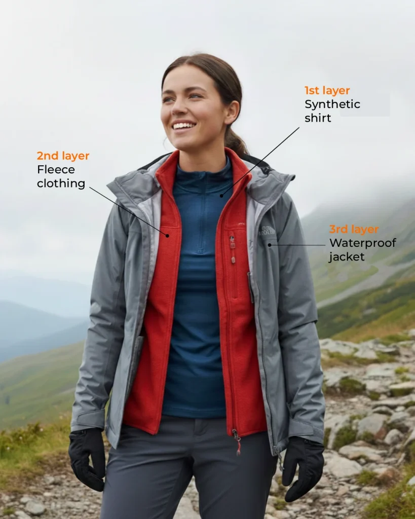 Woman hiker smiling on the Inca Trail wearing three layers of clothing