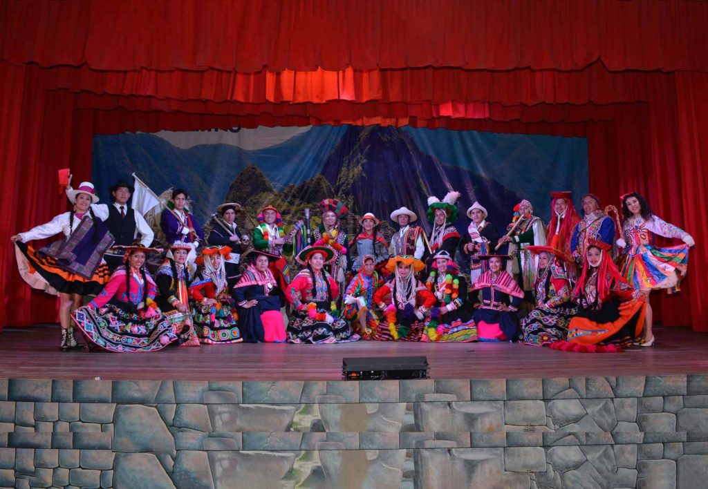 The performing troupe of the Qosqo Center for Native Art, a venue featuring traditional dances from Cusco, included in the Tourist Ticket Circuit II