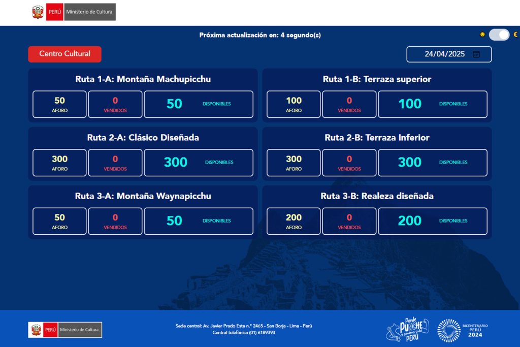 Real-time purchasing process for Machu Picchu tickets