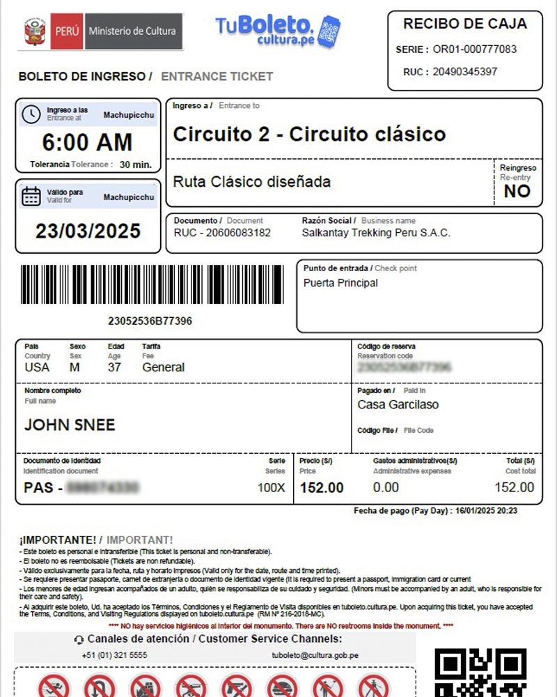 Entrance Ticket to Machu Picchu