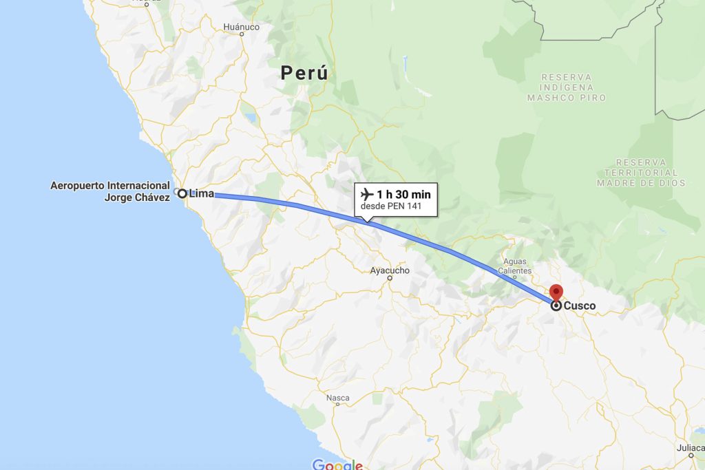 Map of Lima to Cusco by plane.