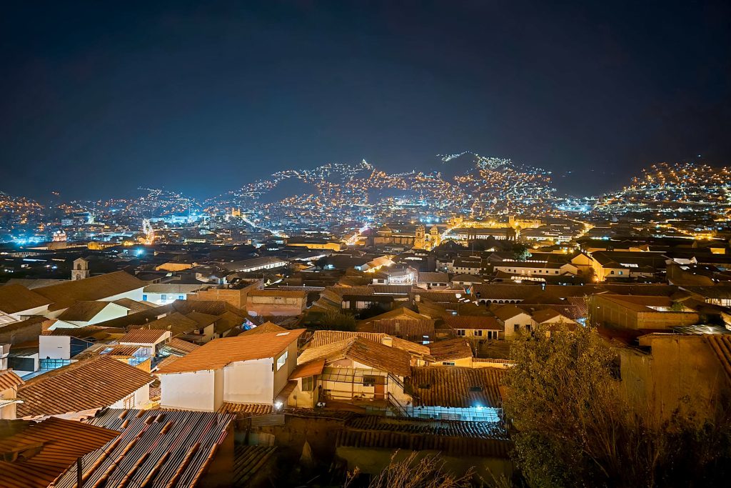 The city of Cusco at night from the San Blas lookout point