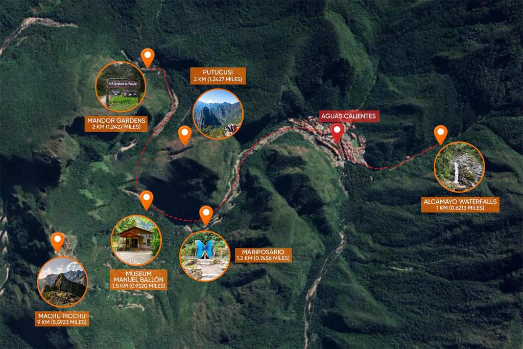Map of places you can visit in the surroundings of Aguas Calientes