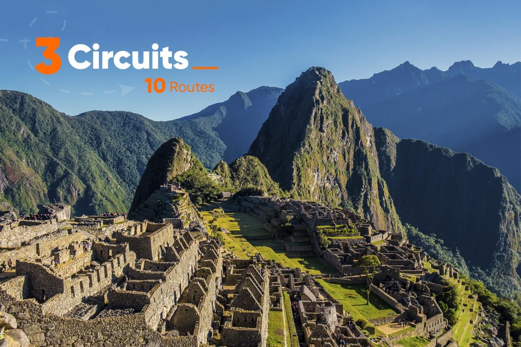 Photo of Machu Picchu with a design of three circuits and 10 routes