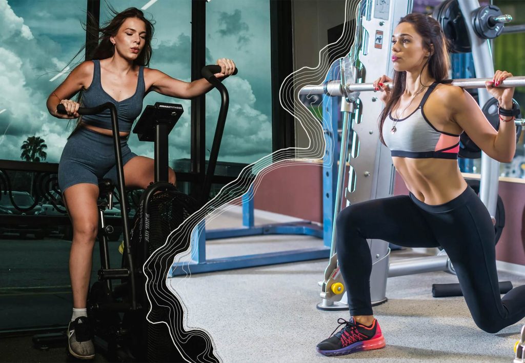 Photo of two girls training for trekking with cardio and strength exercises at the gym