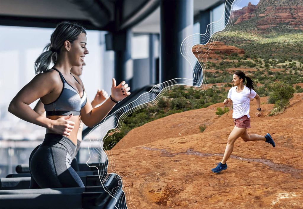 Comparison women training at the gym and in the mountains