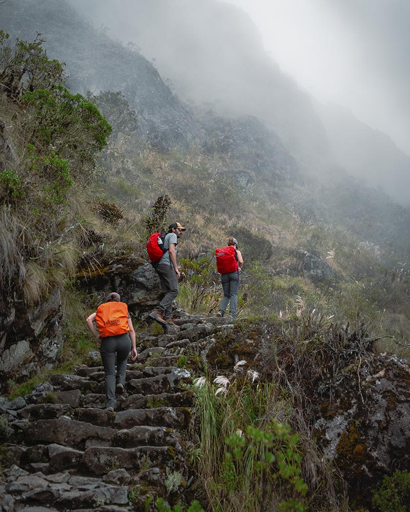 Group of tourists during the rainy season on the Inca Trail.