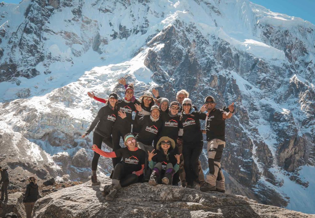 Happy tourists on the Salkantay Pass to Machu Picchu with the Salkantay Trekking team