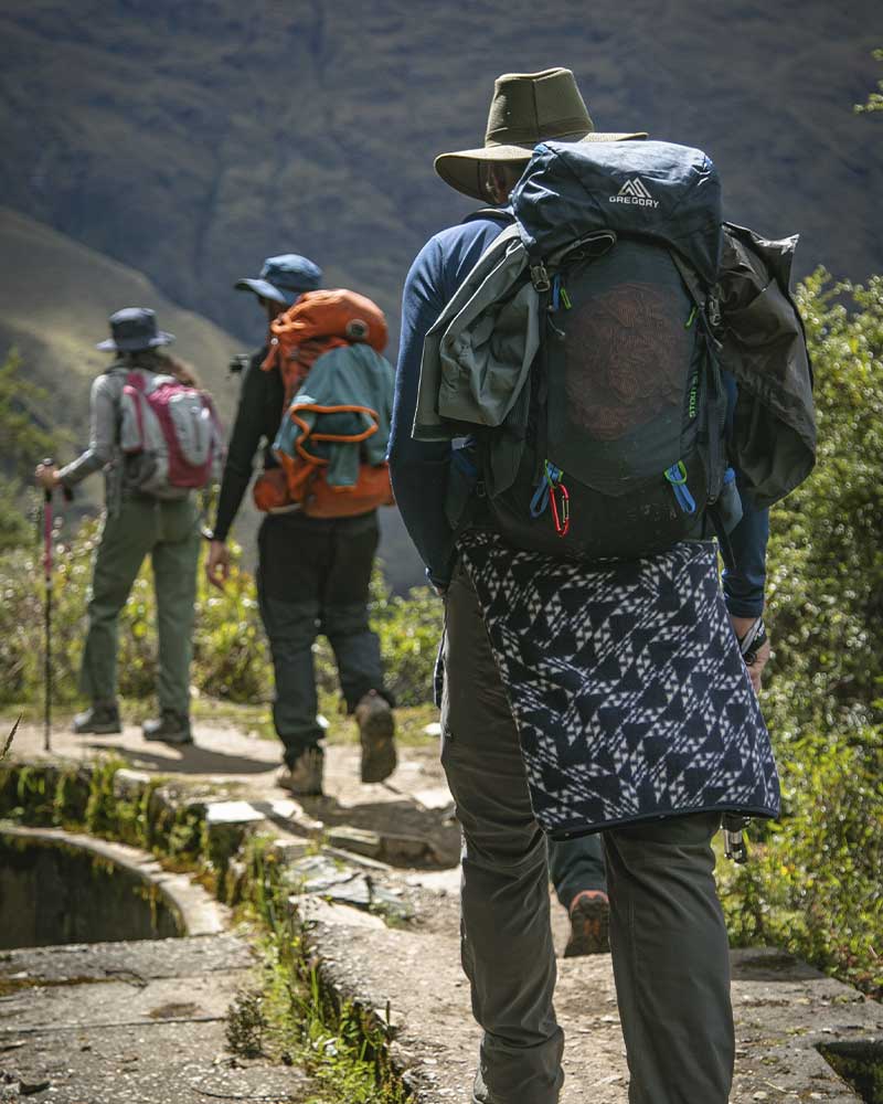 Hikers setting out on the Salkantay trek toward Soraypampa; the size of the backpacks they typically carry is shown