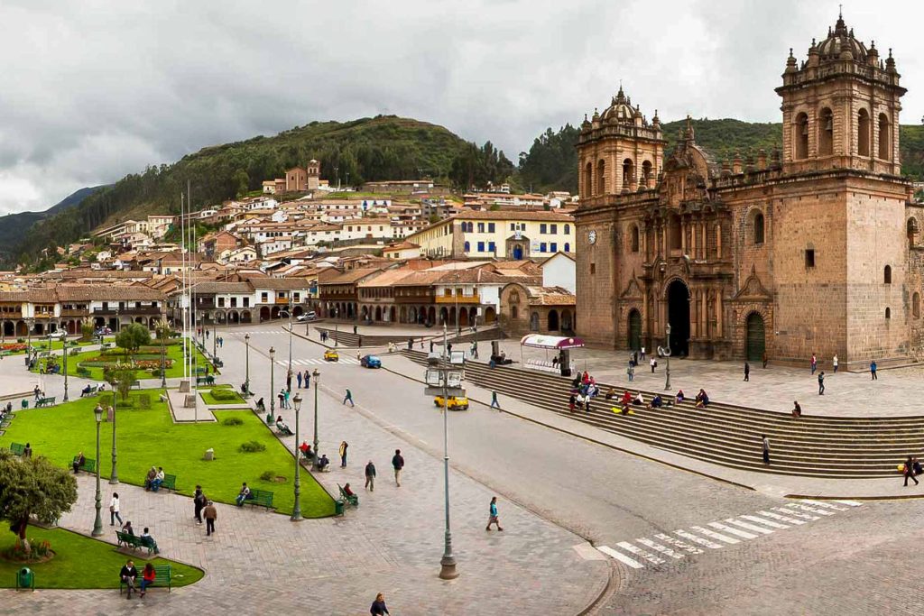 Cusco's Main Square, with the cathedral, hotels, and restaurants in the background