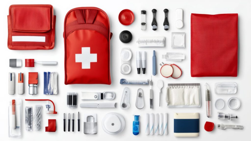 Basic first aid kit containing essential medical supplies for home, office, or travel emergency preparedness.