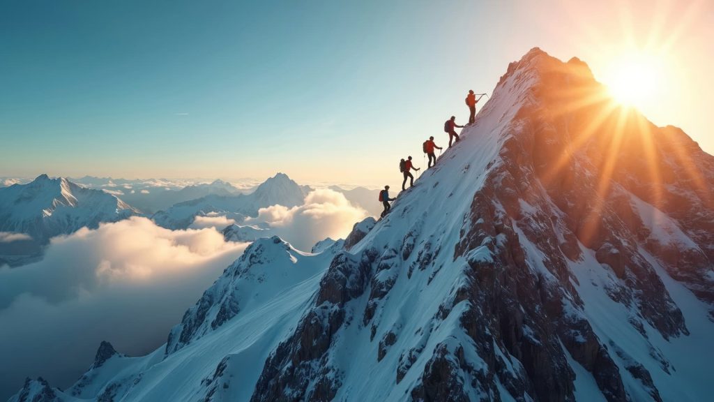 A climber standing triumphantly on a snow-covered mountain summit looking at the surrounding peaks.