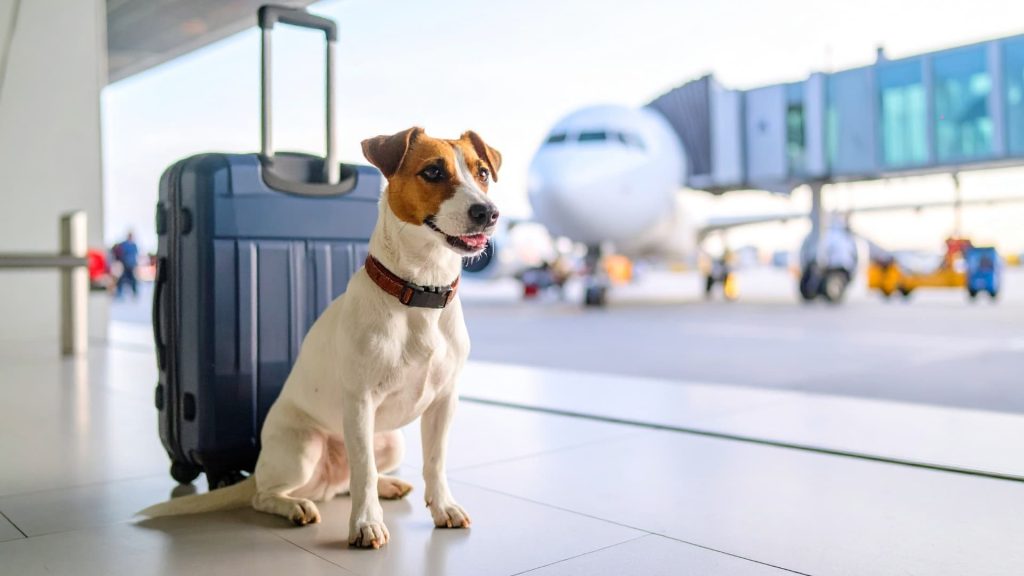 A small dog sitting next to a travel suitcase and a certified pet carrier.