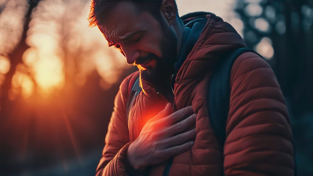 A person holding their chest with an expression of severe pain or discomfort.