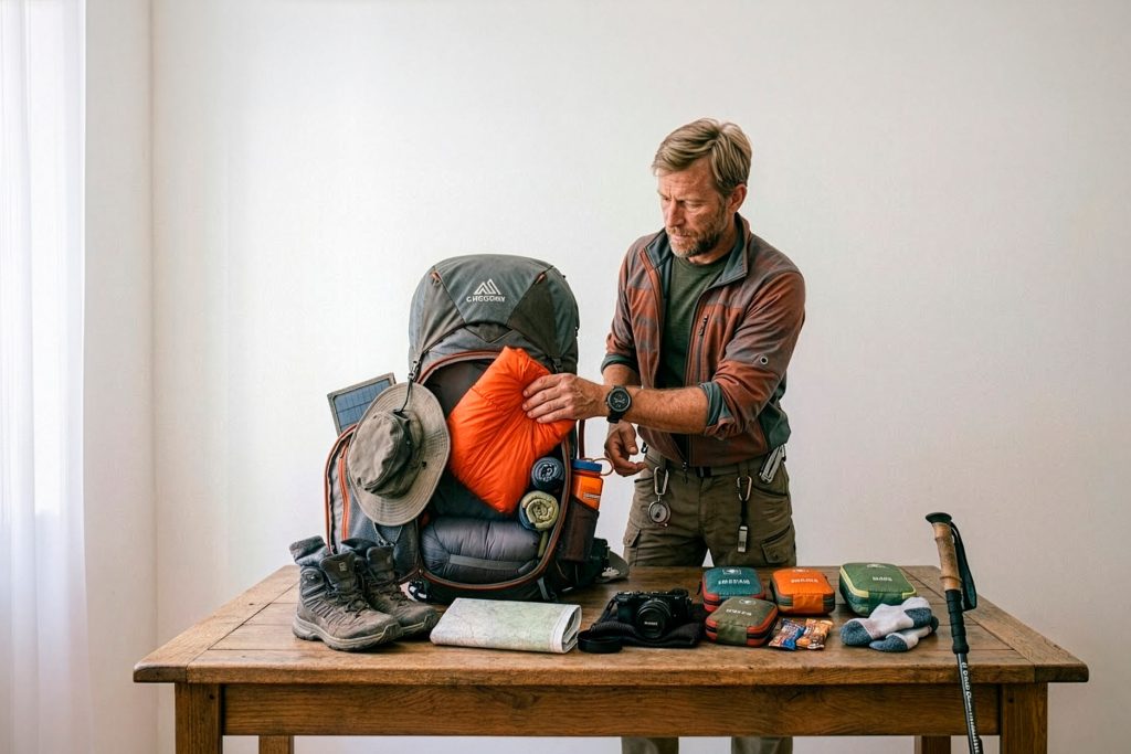 A tourist packing clothes for a trip