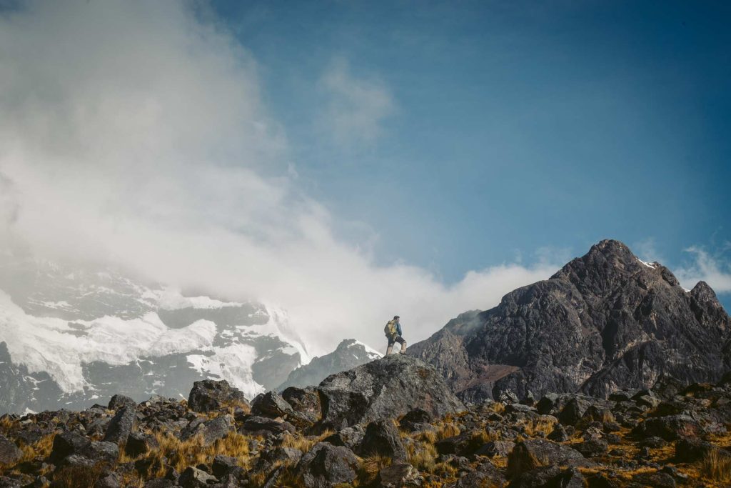 A tourist hiking in the Andean mountains of Peru