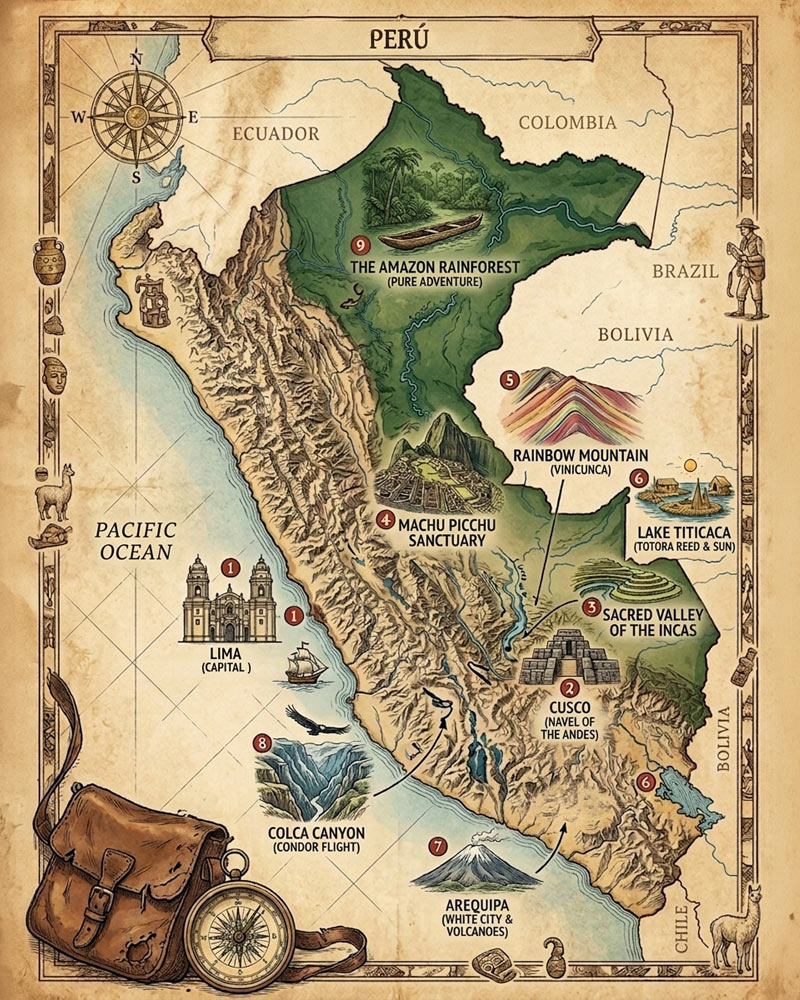 Map of the best places to visit in Peru