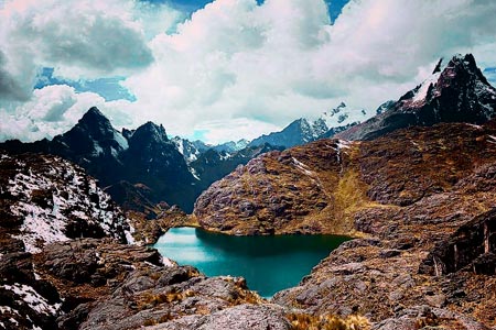 Panoramic view of the mountains and lakes on the route of lares