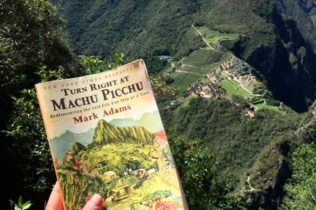 book TURN RIGHT AT MACHU PICCHU in front of the archaeological center