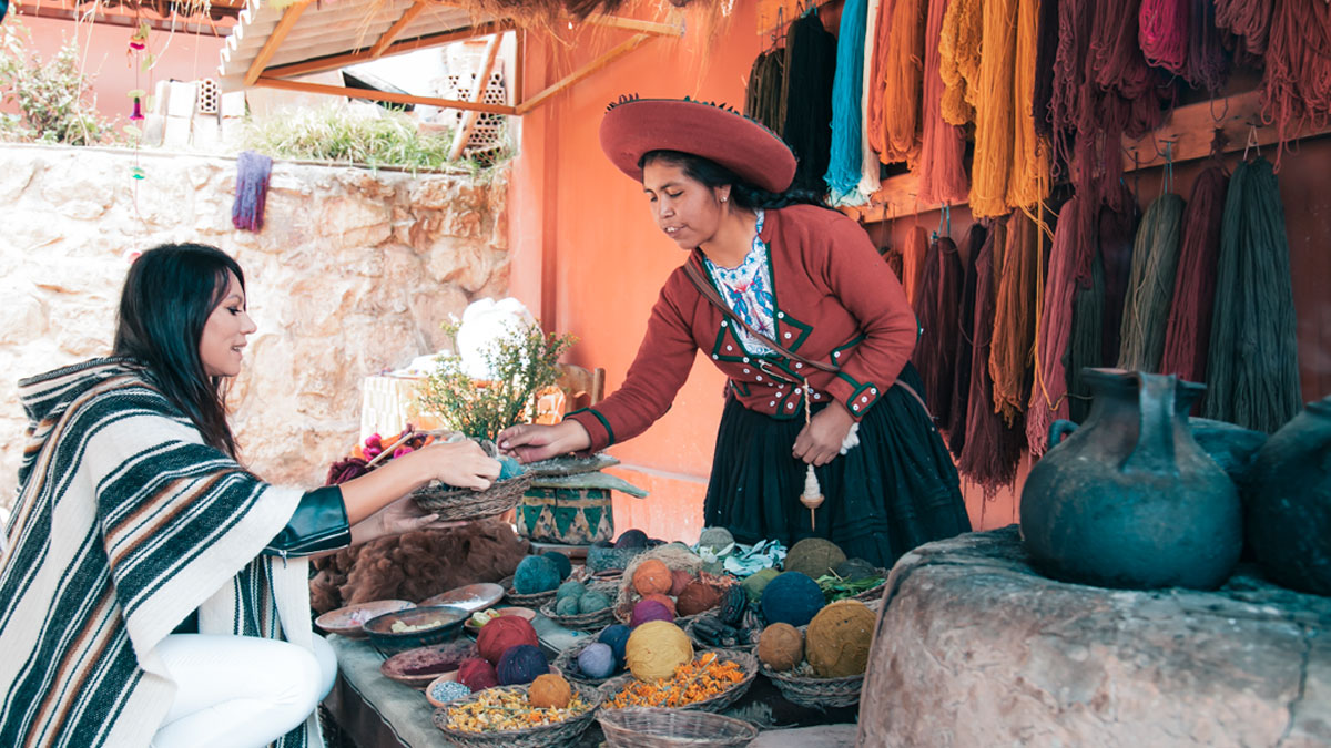 Traditional handmade weaving demonstration of textiles in Chinchero
