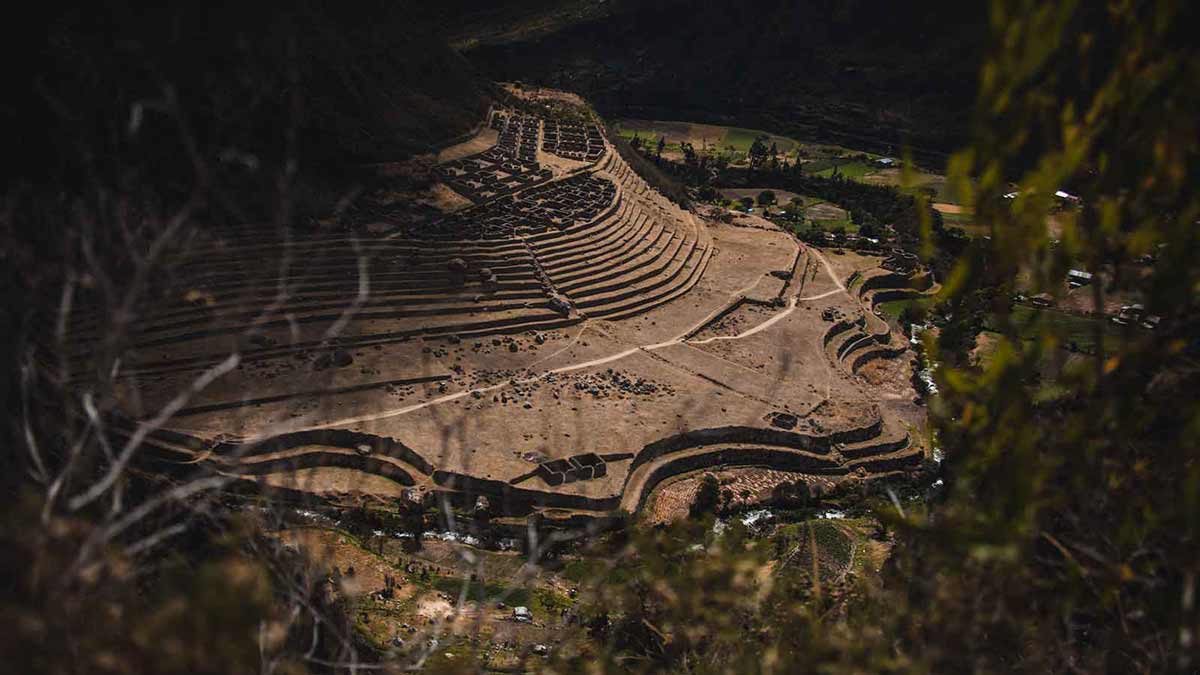 Llactapata archaeological center next to the Urubamba River, view from Wilkarakay Inca Complex