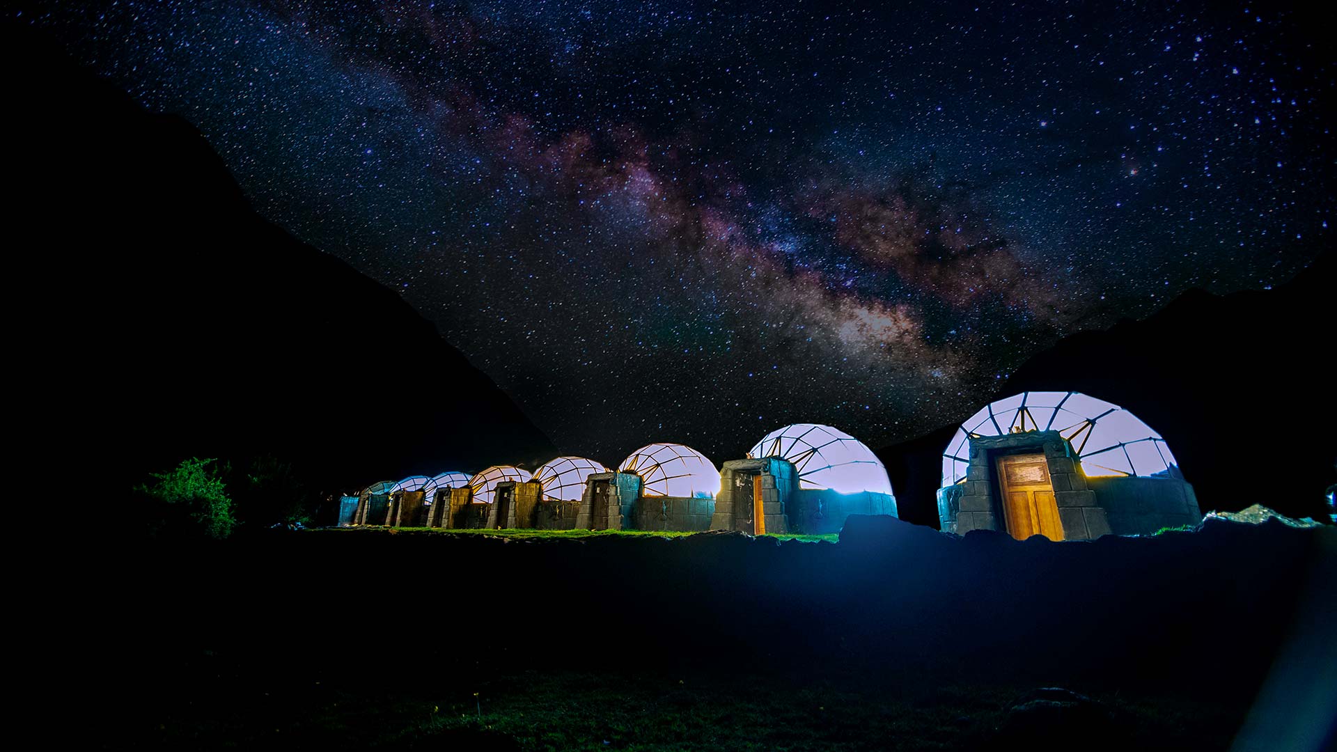 View of our Sky Camp and the sky full of stars at night in Soraypampa - Salkantay Trek to Machu Picchu