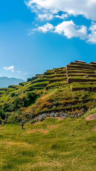 Amazing view in the middle of the mountains of the Pre-Inca Archaeological Site of Huchuy Qosqo in the route Huchuy Qosqo Trek to Machu Picchu