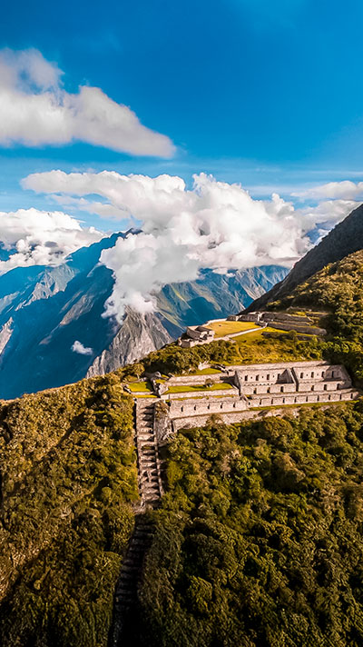 View of the Inca Marvel Choquequirao above the mountains of the Apurimac Valley, the biggest canyon of south America