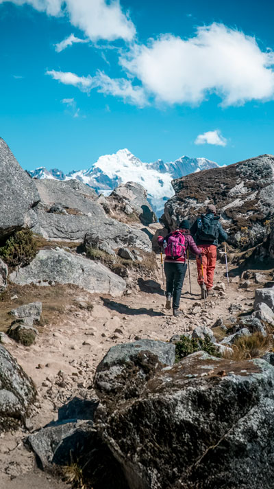 Group of tourists hiking the Salkantay Trail to Machu Picchu