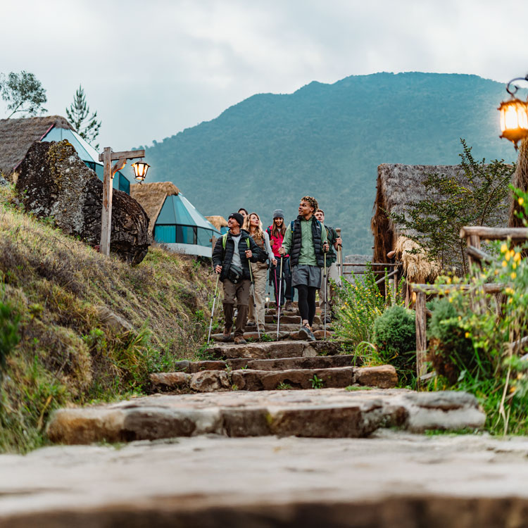 A happy group of hikers enjoying their stay at the Mountain Sky View campsite in Collpapampa, with the unique glass-roofed structures set against a backdrop of mist-covered Andean forest.