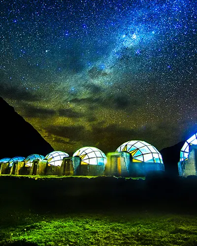 The famous Sky Camp at night on the Salkantay trek to Machu Picchu