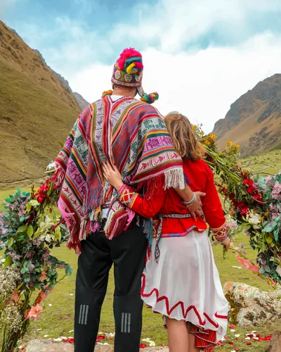 A couple after their honeymoon ceremony, enjoying the Salkantay mountain